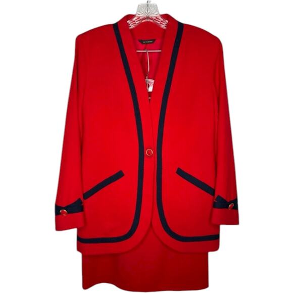Vintage 1980s Red Navy Trim Power Suit Blazer Pencil Skirt Set Made in USA XS-S - Picture 14 of 15